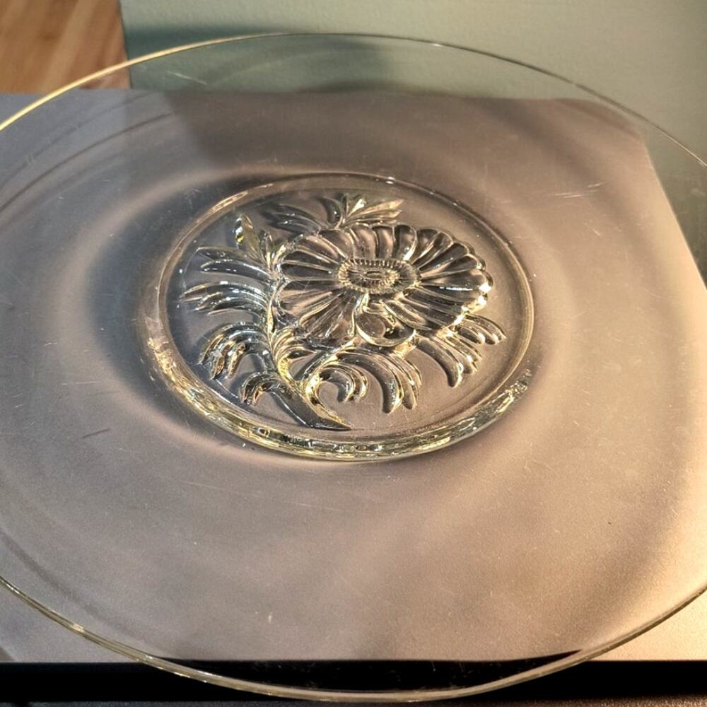 758.  Clear Glass Cake Plate Vintage Jeanette Glass Embossed Camelia Design